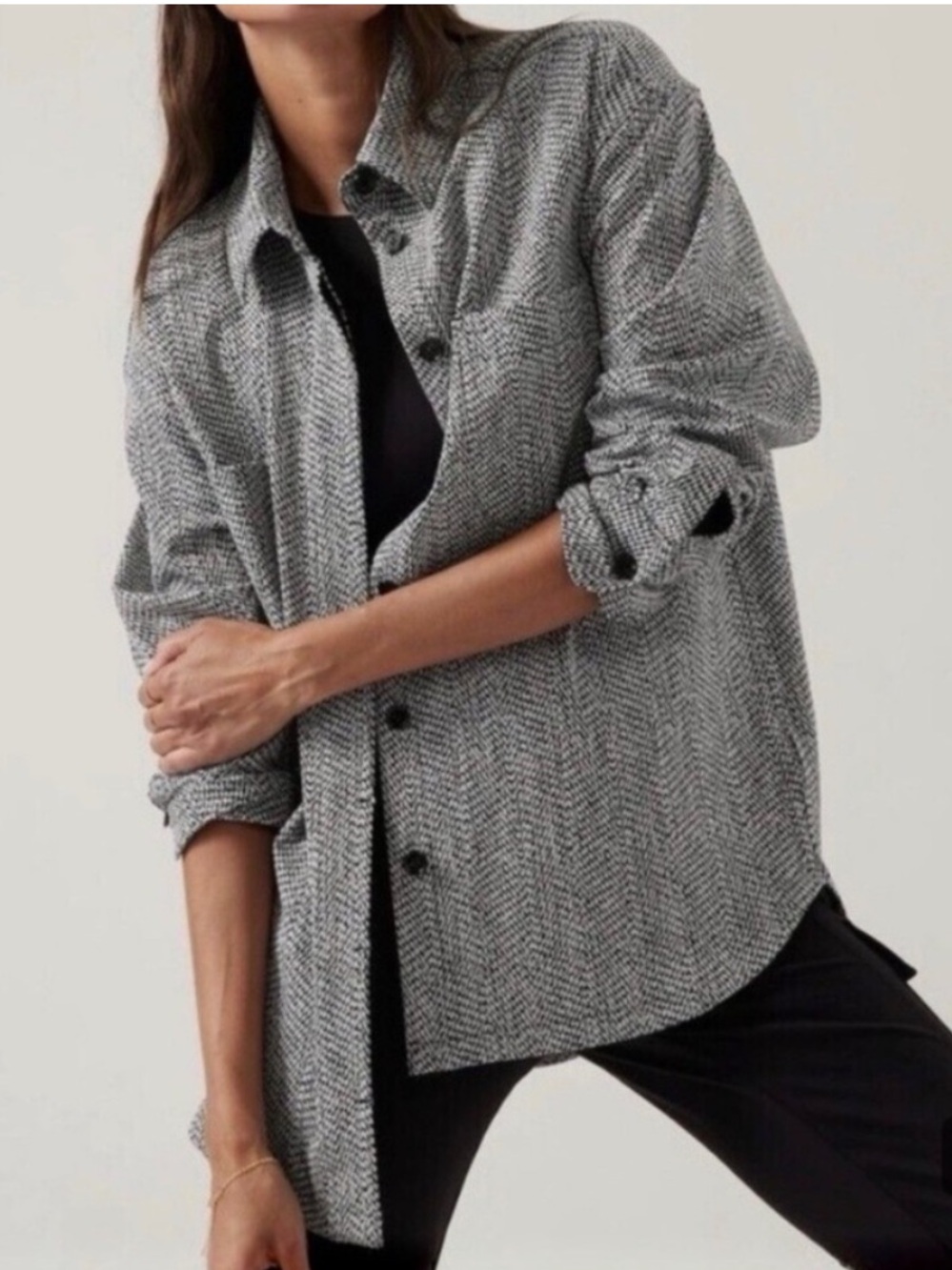 Athleta Textured Shirt Jacket Black White Pattern Button-Up size large